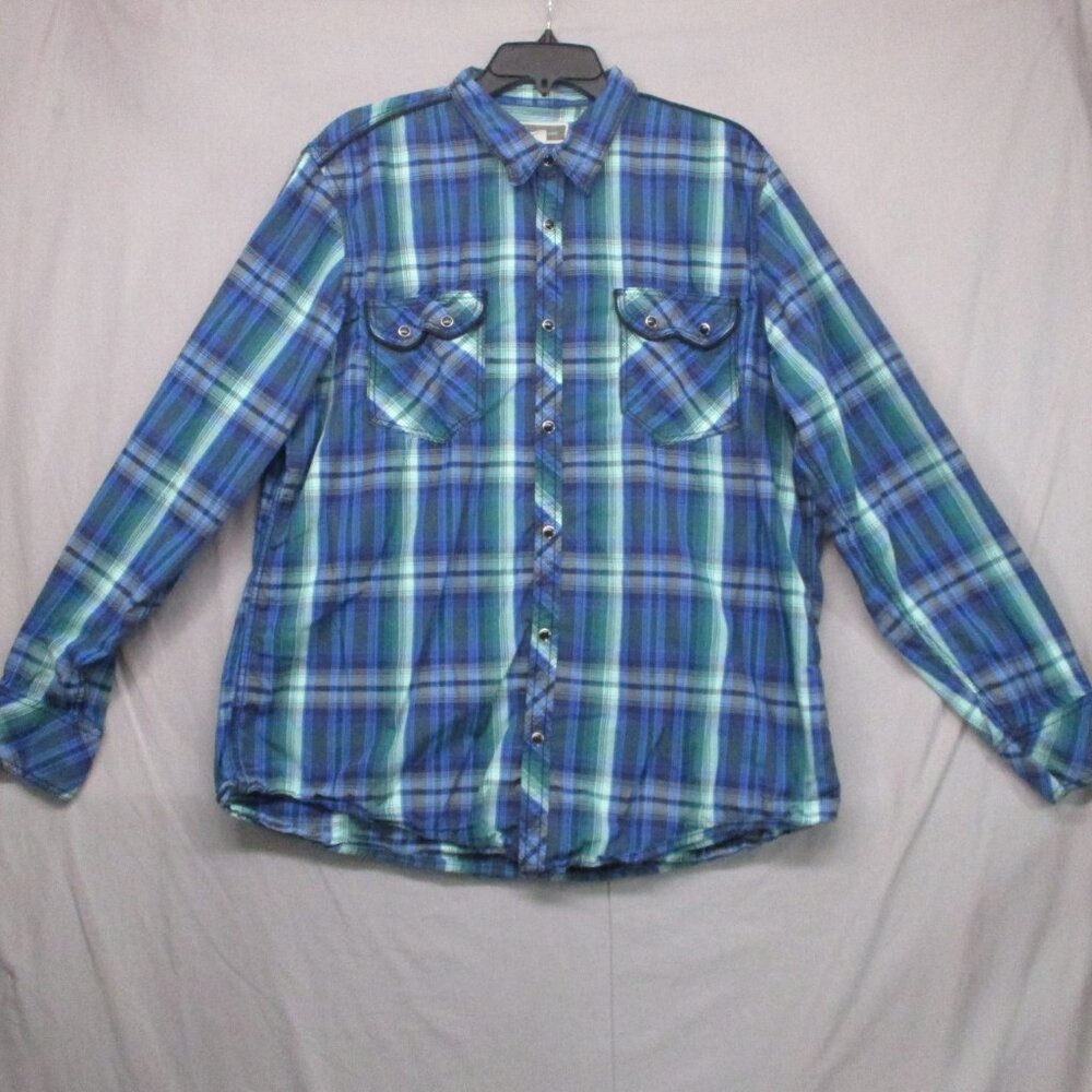 International Concept Black Pearl Snap Button Madras Plaid Blue Men Size | XL